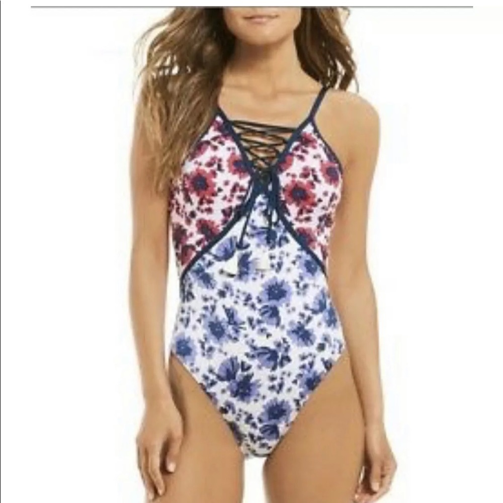 NWT Gibson Latimer Floral Plunge One Piece Swimsuit
